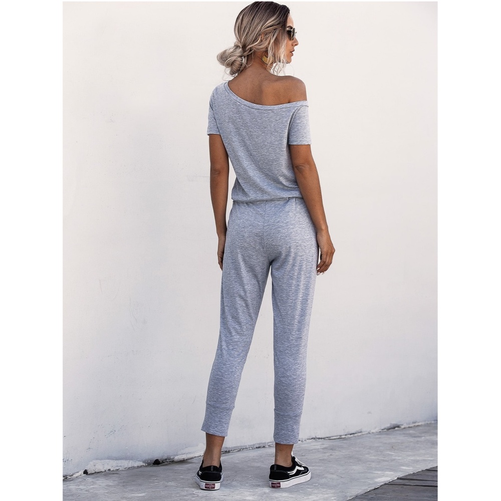 Contrast Tie Short Sleeve Grey Jumpsuit - Picture 3 of 16
